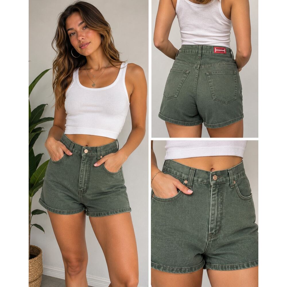 Vintage Halston Jeanswear Olive Green High Rise Mom Shorts Women Size 12 USA